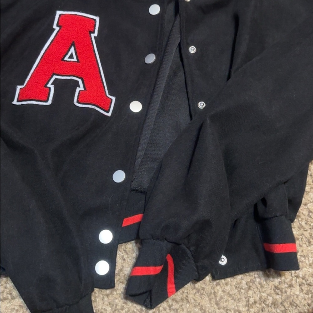 Black Varsity Jacket with Red Lettering